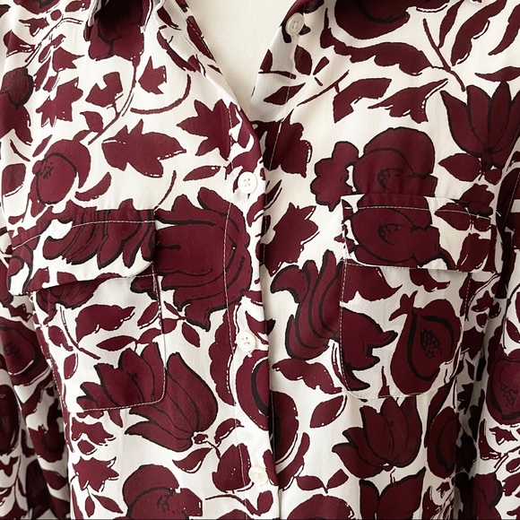 LOFT Outlet | Burgundy & White Floral Print Button Down Blouse - Picture 4 of 13
